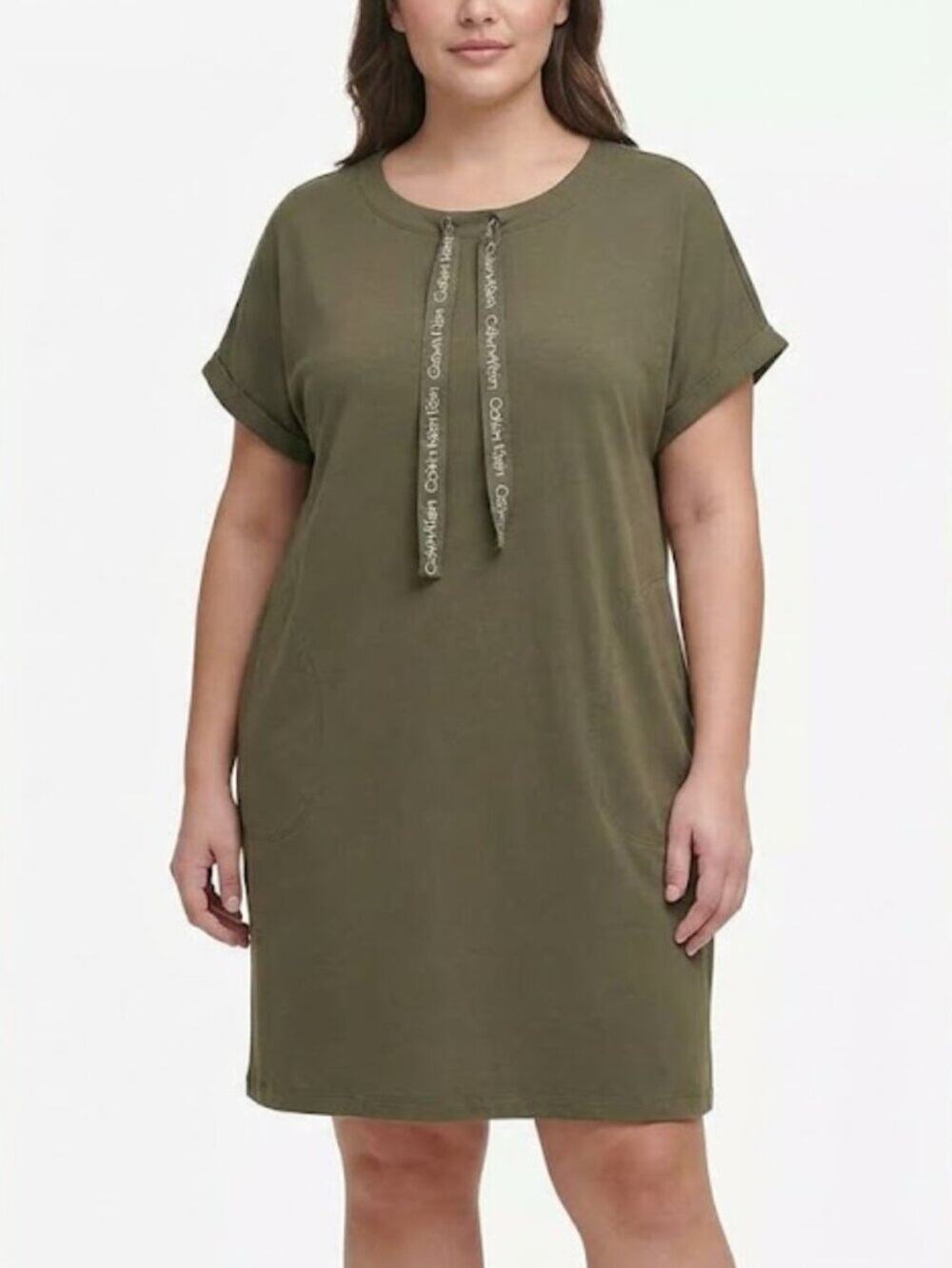 Calvin Klein 3X Olive Green Short Sleeve Tie Front Tunic Dress Pocketed